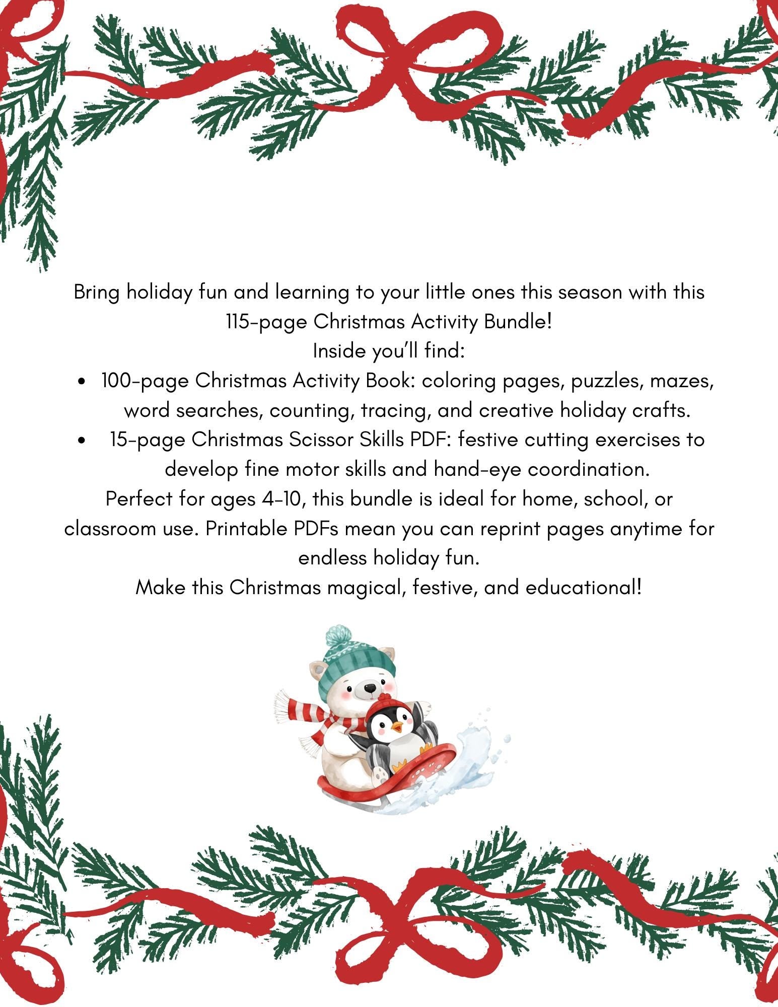 Christmas Activity Bundle for Kids: Games, Puzzles, Coloring, Scissor Skills & More | Printable PDF