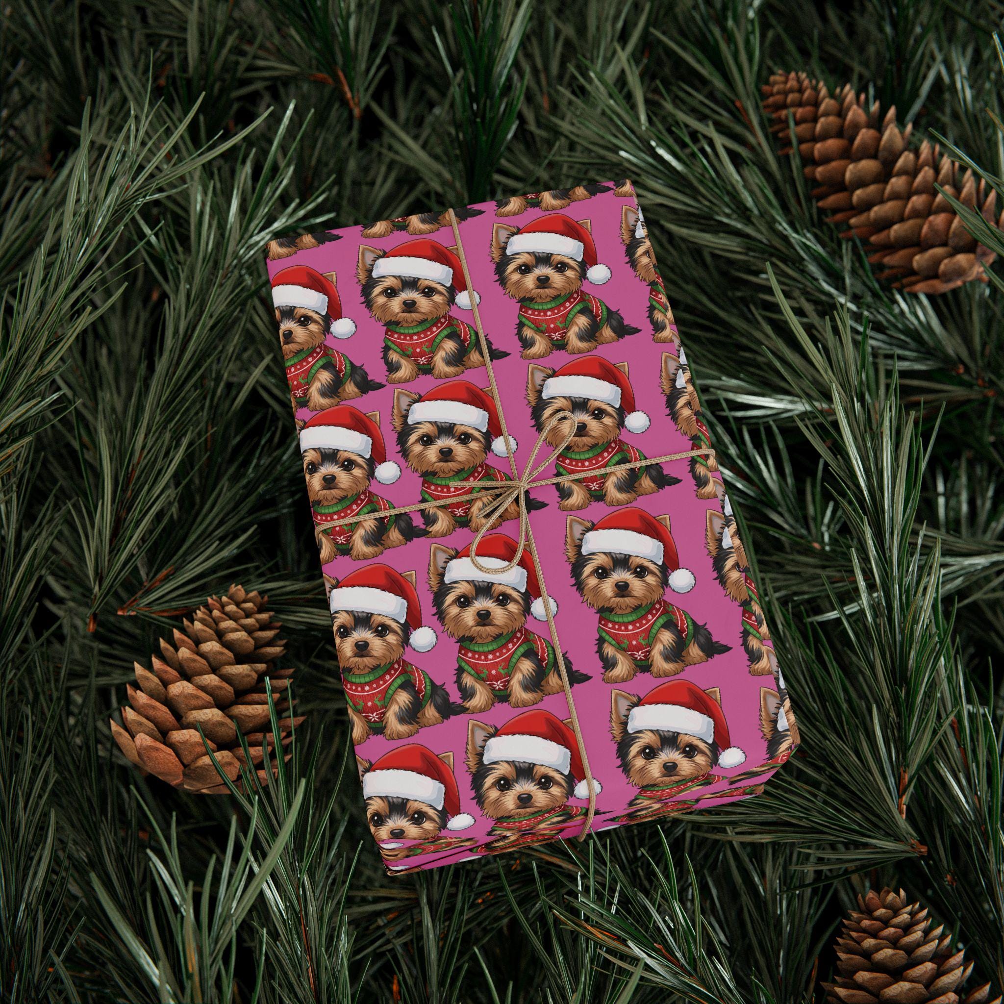 Yorkie Christmas Wrapping Paper | Personalized Dog Mom Gift | Red & Pink Holiday Sheets