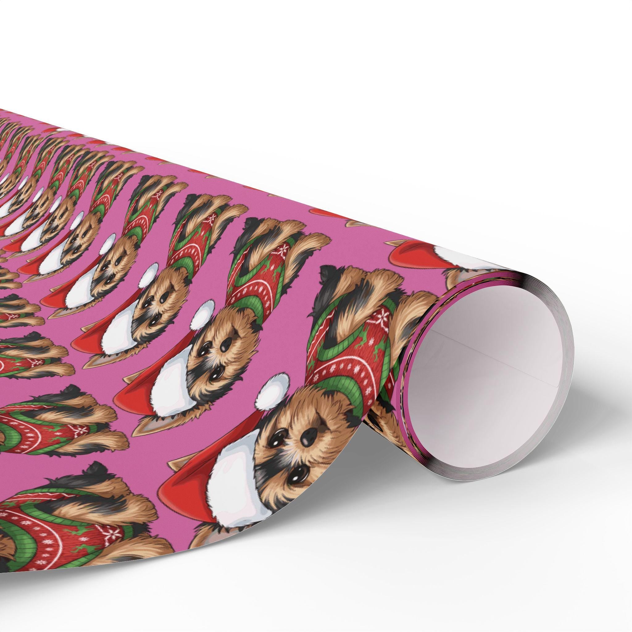 Yorkie Christmas Wrapping Paper | Personalized Dog Mom Gift | Red & Pink Holiday Sheets
