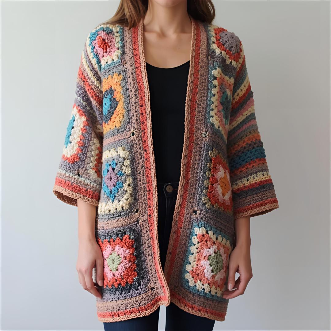 Granny Square Crochet Cardigan Pattern – DIY PDF – Beginner Friendly Boho Sweater