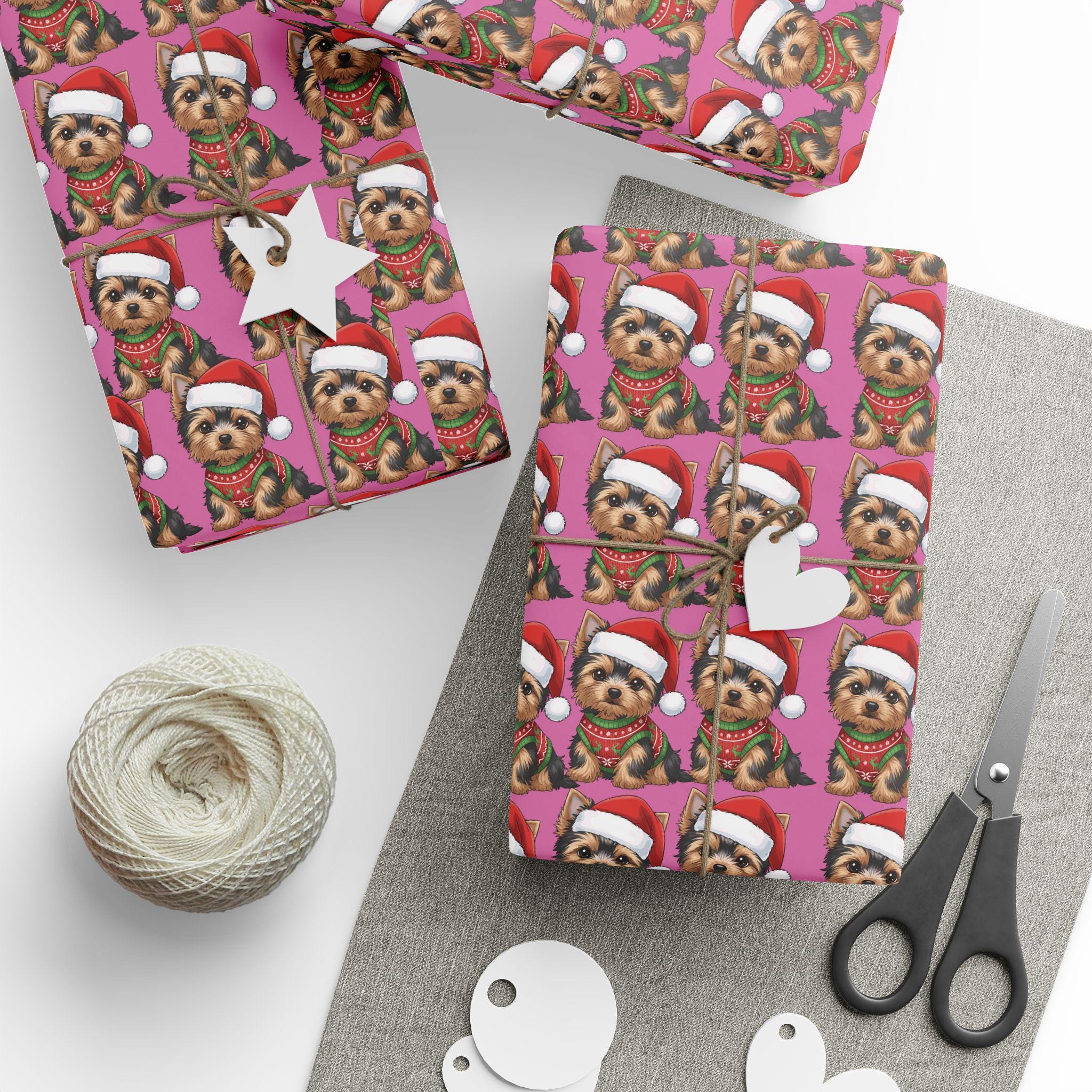 Yorkie Christmas Wrapping Paper | Personalized Dog Mom Gift | Red & Pink Holiday Sheets