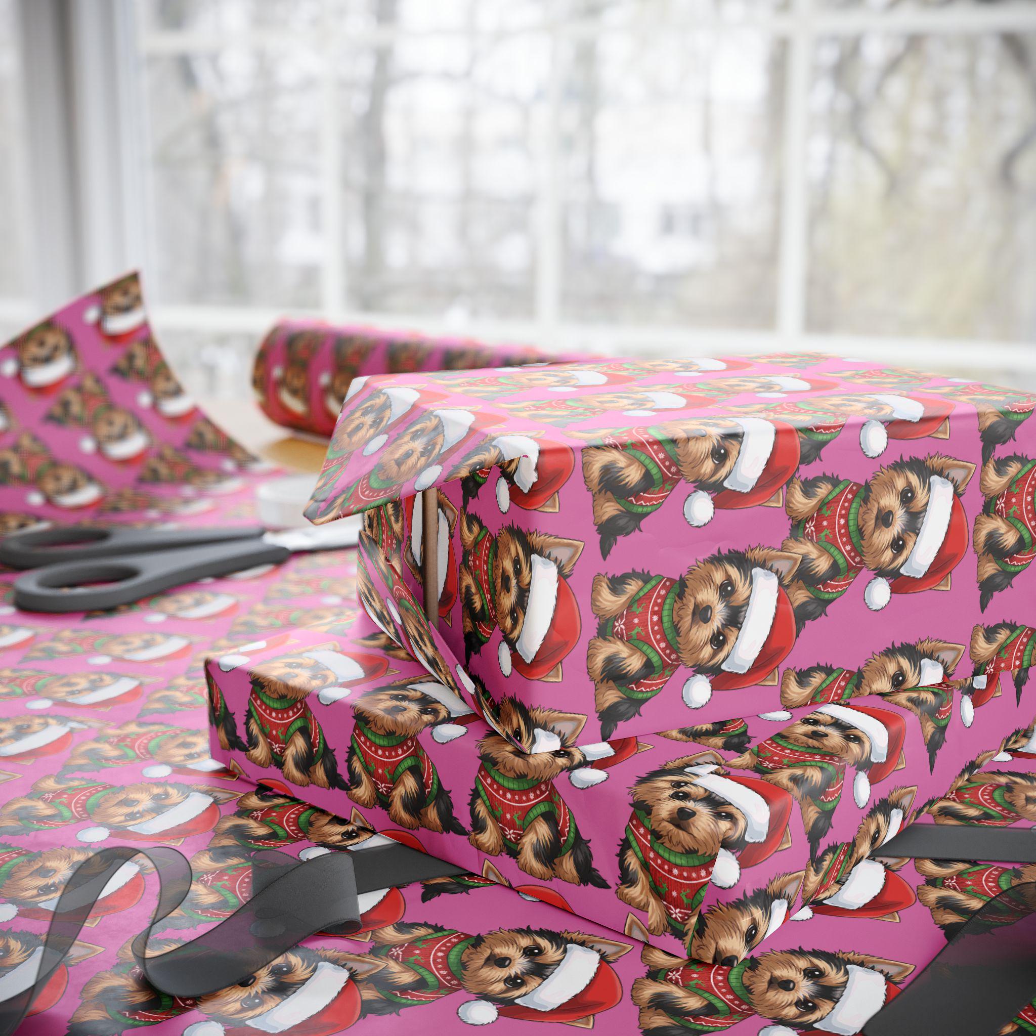 Yorkie Christmas Wrapping Paper | Personalized Dog Mom Gift | Red & Pink Holiday Sheets