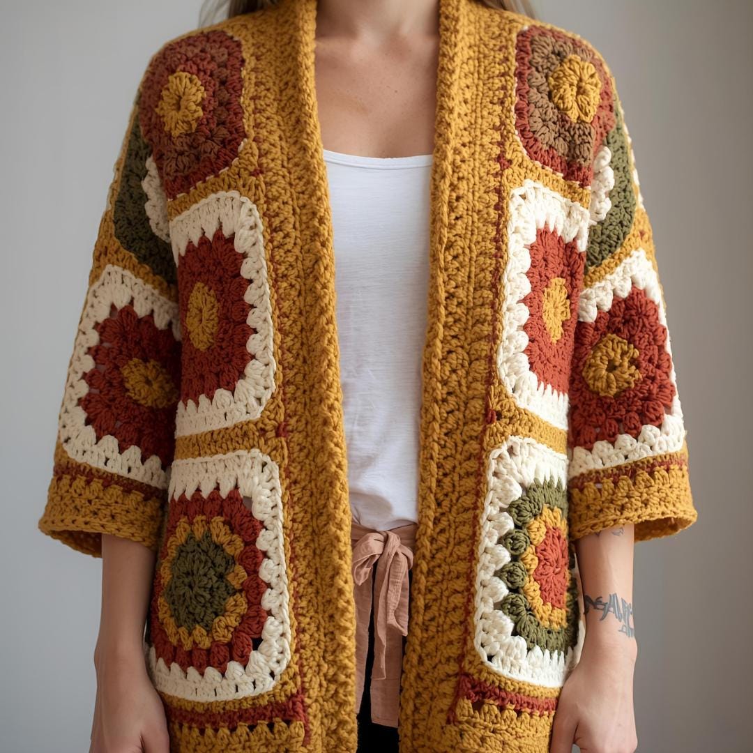 Granny Square Crochet Cardigan Pattern – DIY PDF – Beginner Friendly Boho Sweater