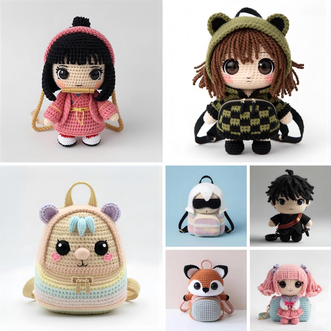 Chibi Anime Crochet Bag Patterns – 7 Mini Backpack PDF Bundle with Instructions
